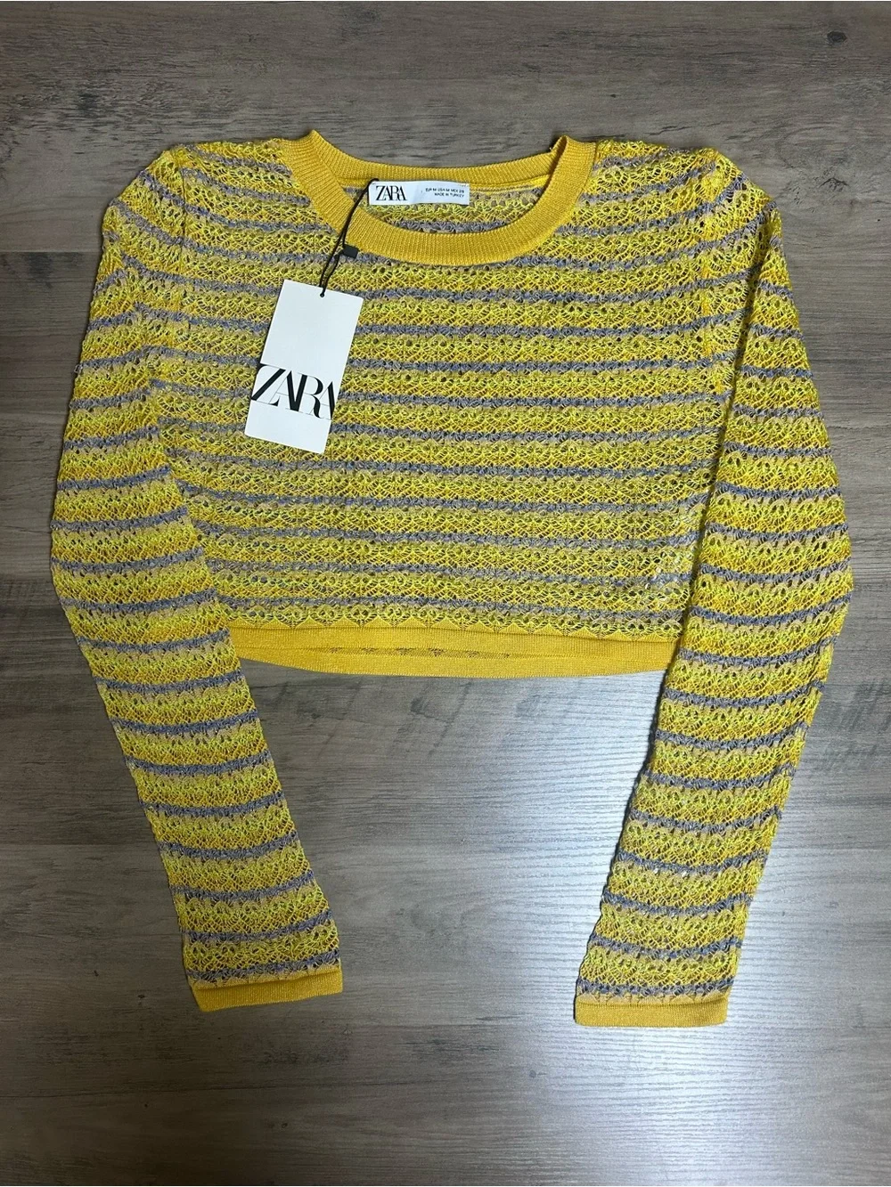 Zara Yellow and Blue Striped Cropped Open-Knit Sweater